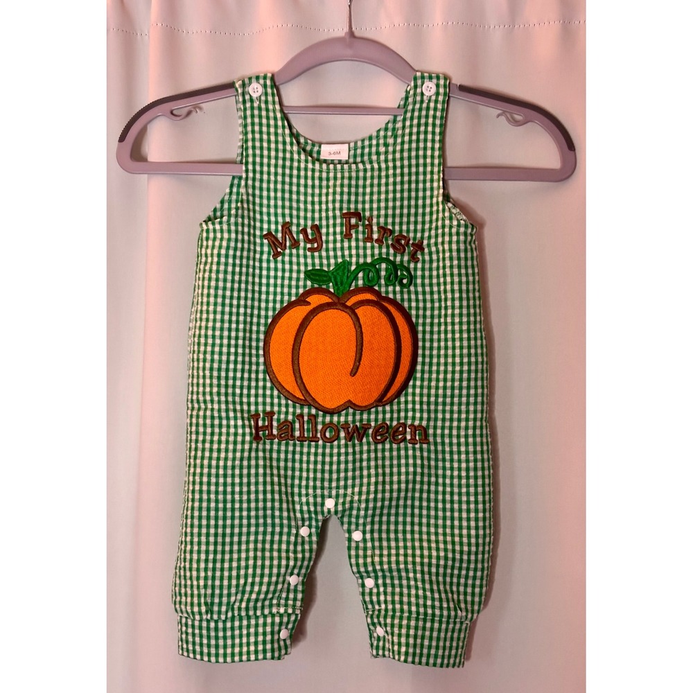 My First Halloween Baby Romper Green Gingham Pumpkin Seersucker ZB0256 3-6M